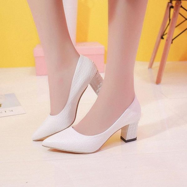 

pu leather 2020 new fashion wedding women's shoes shallow pointed toe square heel heels slip-on comfortable casual high heels #mk7m, Black