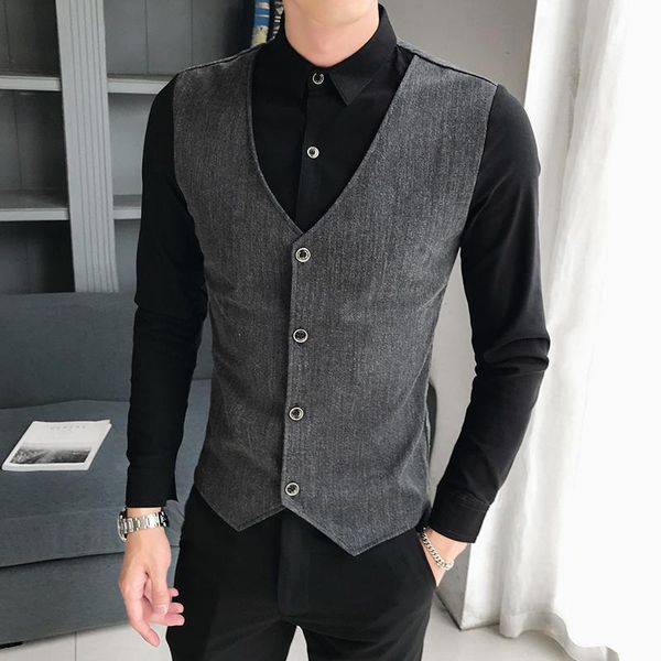

plus size 5xl- fake-2pieces spliced shirt men clothing 2021 spring new simple slim fit casual long sleeve blouse homme sale, White;black