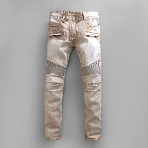 

2019 new mens hip hop distressed zipper jeans casual retro ripped denim pants brown size 29-42