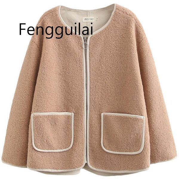 

fenguilai plus size casual jacket 2020 autumn winter pink blue khaki women clothing fashion loose warm fleece coats, Black;brown