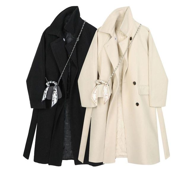 

2021 new autumn and winter woolen coat women's new mid-length quilted warm pure color temperament coat + shoulder bag fashion, Black