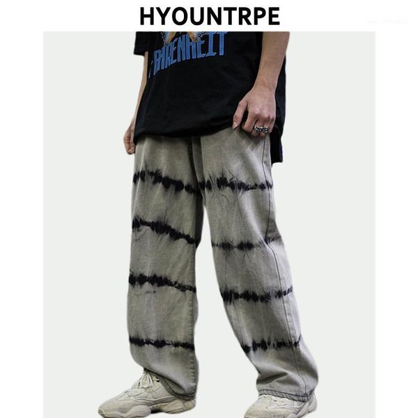 

men's jeans mens irregular tie-dyed denim pants fashion zipper straight elastic waist loose wide legs hip hop streetwear casual jogger1, Blue