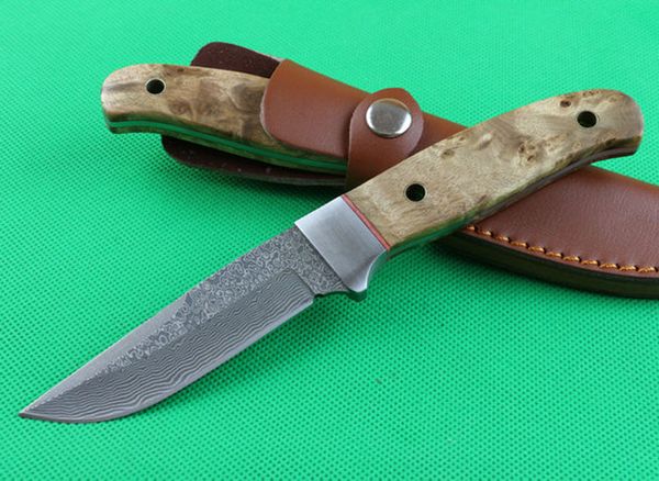 High Quality 8.46 Inch Damascus Fixed Blade Hunting Knife VG10 Damascus Steel Blades Shadow Wood Handle Straight Knives With Leather Sheath