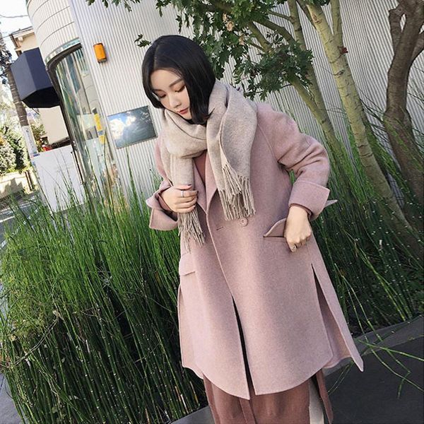 

women's wool & blends autumn women coat long sleeve single breasted fashion turn down female causal loose winter outwear, Black