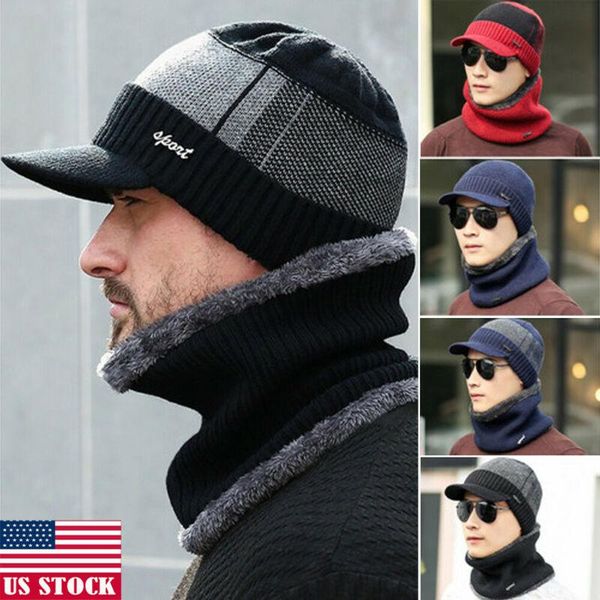 

men winter warm hat knit visor beanie fleece lined beanie with brim cap, Blue;gray