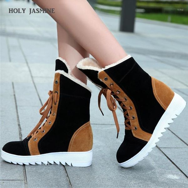 

boots holy jasmine autumn and winter products flock stitching lace flat ankle snow thick bottom non-slip large size shoes1, Black