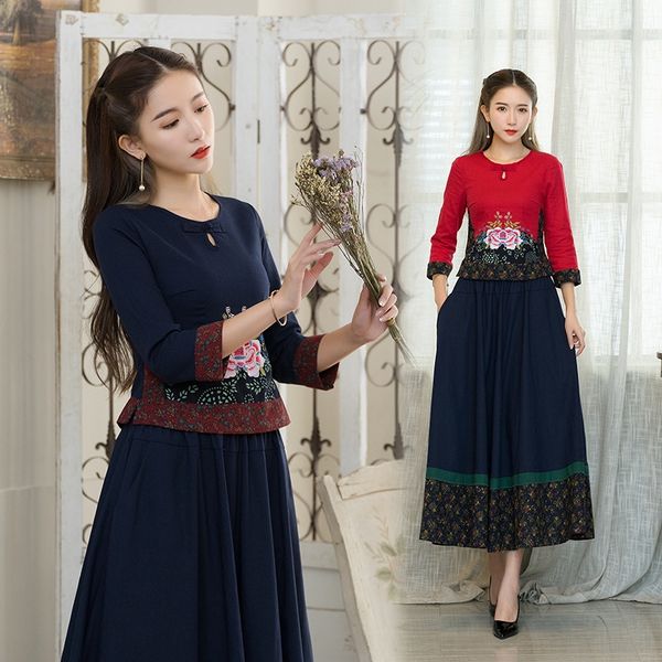 

autumn new national style cotton hemp large size women's printed embroidered slim women's swing two sets skirt big skirtbig skirt, Gray