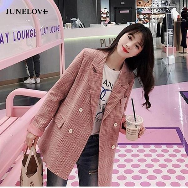 

junelove 2020 spring women double breasted blazer vintage office lady formal blazer coat female long sleeve loose plaid jackets, White;black