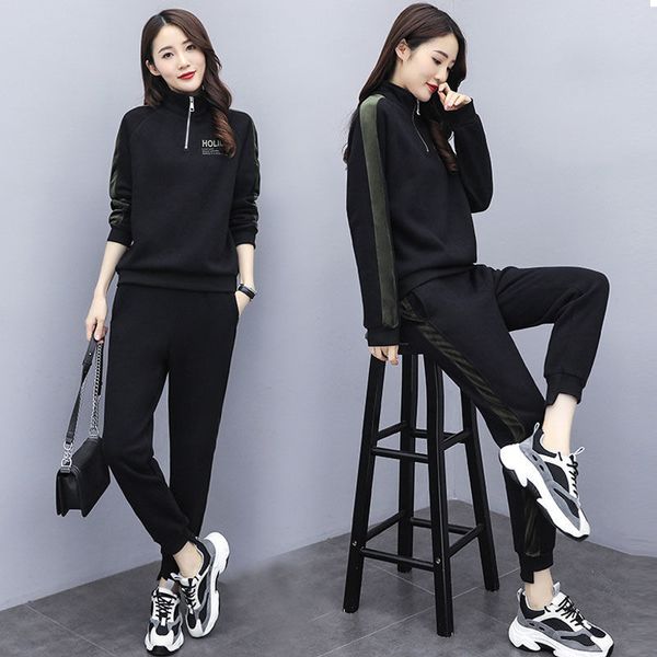 

leisure sportswear women's autumn and winter new fashion pure cotton thickened plush thin sweater running two piece suit, Gray