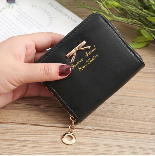 

2020 fashion wallet female short for coins new cute candy bow women small leather wallets zipper purses girls lady purse, Black