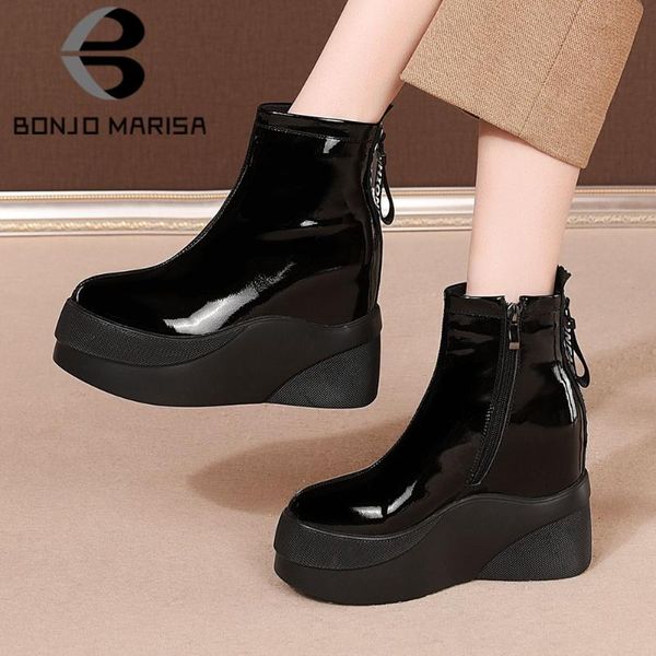 

boots bonjomarisa high-quality patent leather zipper platform height increased ankle stylish winter shoes women, Black