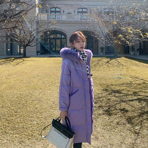 

the new korean version in winter 2021 is loose and thin, with a large wool collar over the knee, medium and long down jacket, nanxijia, Black