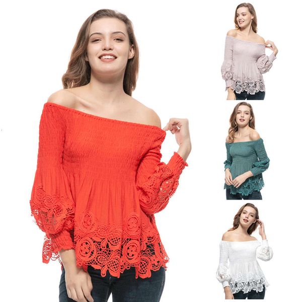 

stitching 2020 women's off shoulder lace one line neck top, Black;gray