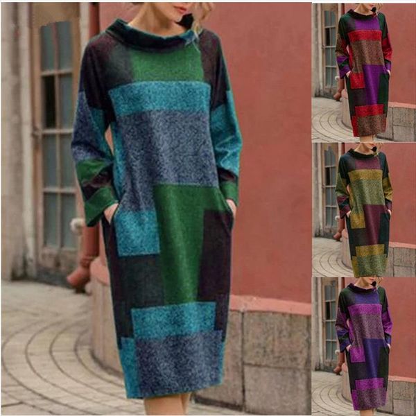 

женские платья 2020 длины осень зима нового большого размера с длинными рукавами женщина толстовки платье урожай лоскутной сыпучей середины, Black;gray