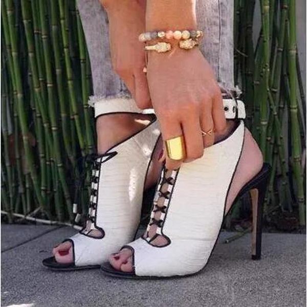

summer fashion ankle belt buckle sandals women black and white peep toe cuts out gladiator lace up lady high heel shoes