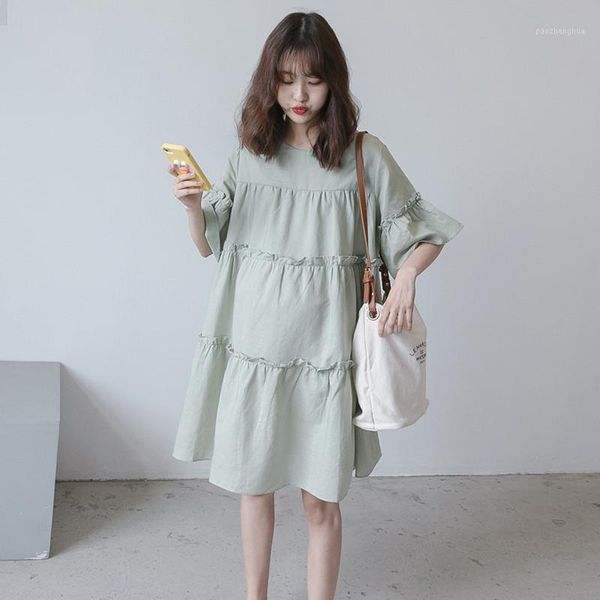 

maternity dresses summer expectant mother short sleeve solid color pregnancy round neck lotus leaf dresse pregnant women clothes1, White