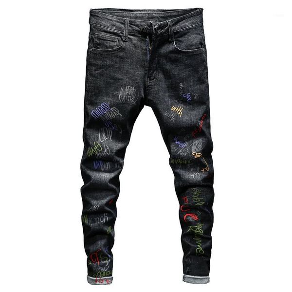 

povote 2020 new jeans men's fashion brand slim leggings korean street graffiti embroidery small straight tube1, Blue