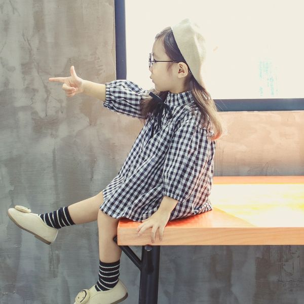 

baby black and white plaid long sleeve girlsautumn fashion girlslittle small gown shirt dress shirt dress 1-2345 fashion trend 5gsds, Black;gray