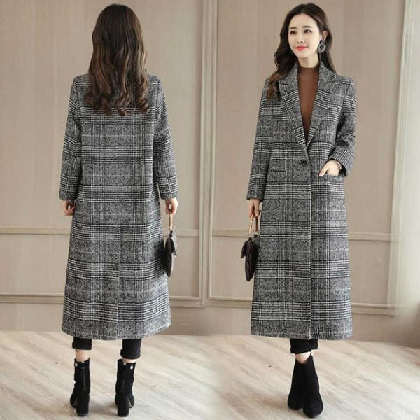 

cotton thickening autumn and winter new korean version of the loose plaid woolen coat mid-length woolen coat women, Black