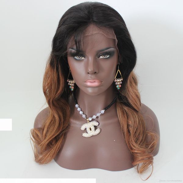 

virgin brazilian wave ombre full lace wigs human hair glueless two tone color lace front wig #1b #30 color for black women, Black;brown