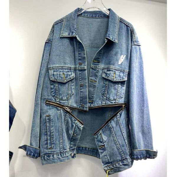 

ewq] 2021 autumn denim women coat blue denim coat zipper split jean jacket long sleeve loose casual jean irregular, Black;brown