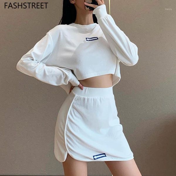 

fashstrre casual printing long sleeve short skirt two piece set women solid crop stretch high waist skirt sporty streetwear1, Gray