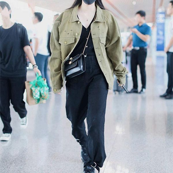 

2109 autumn solid turn-down collar jean jacket for women loose casual fashionable women coats female outwear denim feminine1, Black;brown