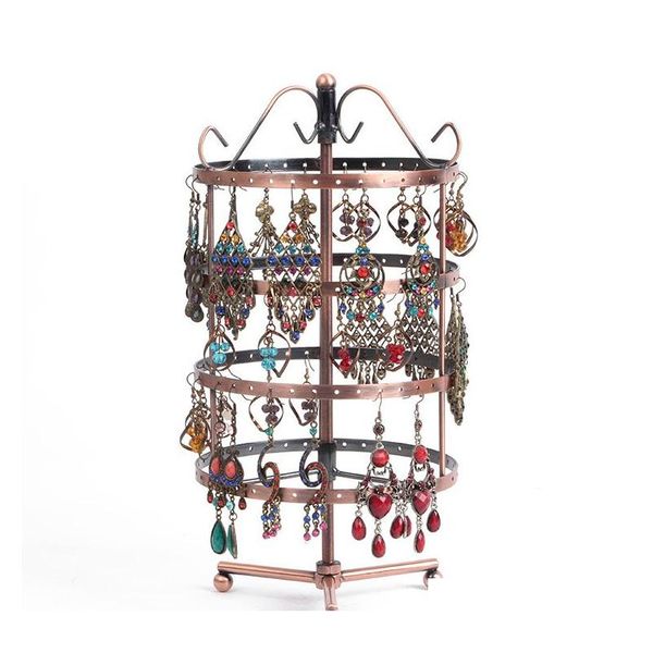 

promotion retail one bronze round perforated metal plate rotating earrings stand holder for jewelry display hanger 144 holes 31cm mhvt ngiig, Slivery;golden