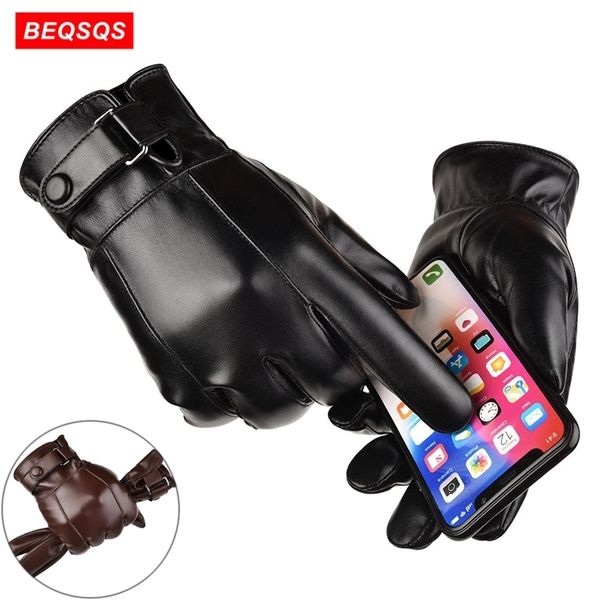

beqsqs men pu leather gloves autumn winter warm touch screen full finger black/brown glove motorcycle driving ski hiking mittens 201021, Blue;gray