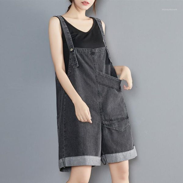 

women's jumpsuits & rompers summer women denim playsuits casual loose sleeveless big pocket black overalls female flanging wide leg jum, Black;white