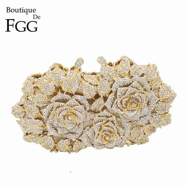 

dazzling women gold rose flower hollow out crystal evening metal clutches small minaudiere handbag purse wedding box clutch bag c1011