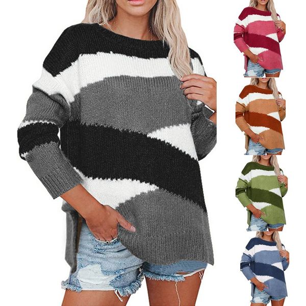 

women sweater mock neck color block long sleeve casual knit jumper pullover o-neck pullover solid long loose, White;black