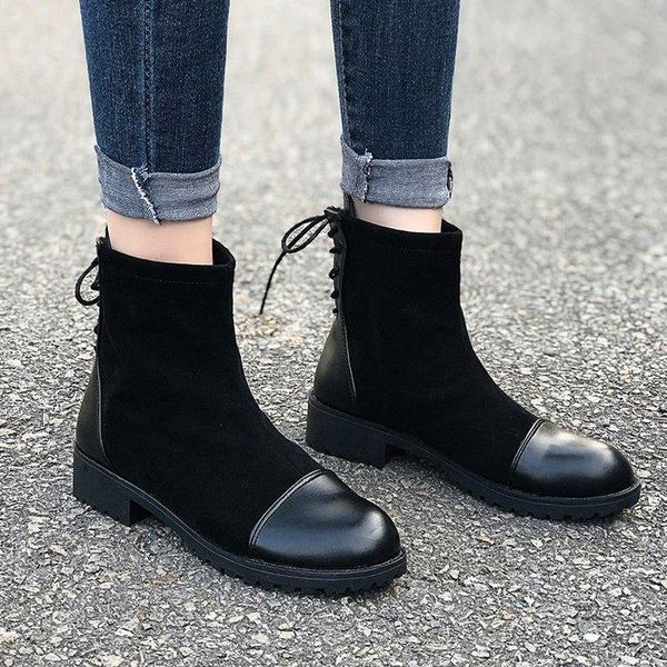 

new 2020 autumn winter british style women boots shallow anti-skid botas mujer fashion short tube thick heel leather boots, Black