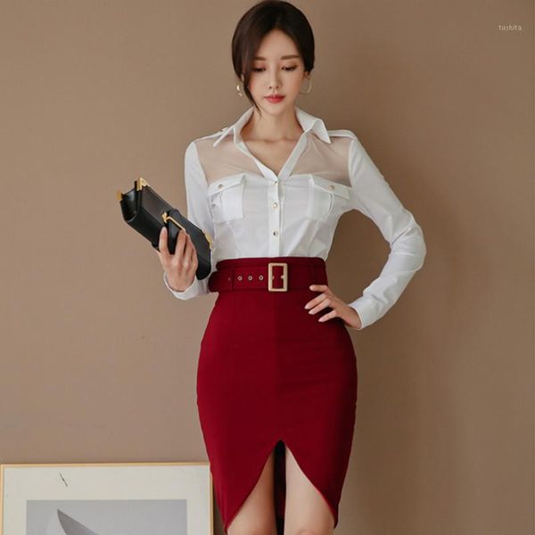 

winter white mesh patchwork blouse office suits bodycon midi red skirt belt two piece sets office dresses1, Gray