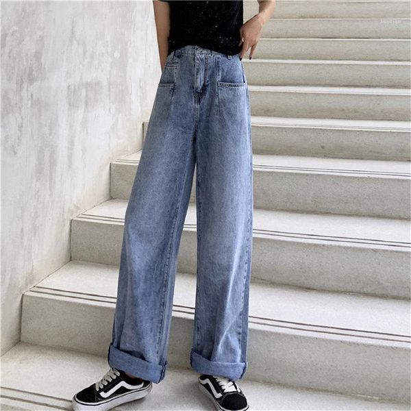 

hzirip 2020 new arrival summer slender female loose women jeans all match denim full length high waist casual wide leg trousers1, Blue