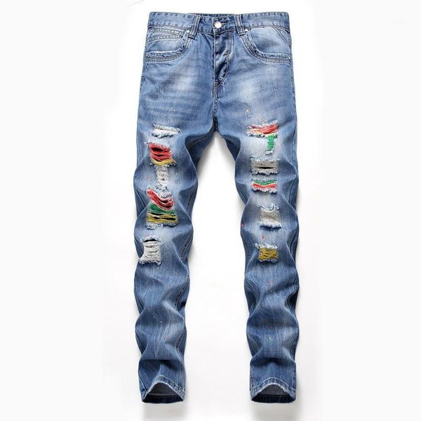 

2d light-coloured ripped jeans men's european station personality colorful trousers autumn and winter new men's trousers1, Blue
