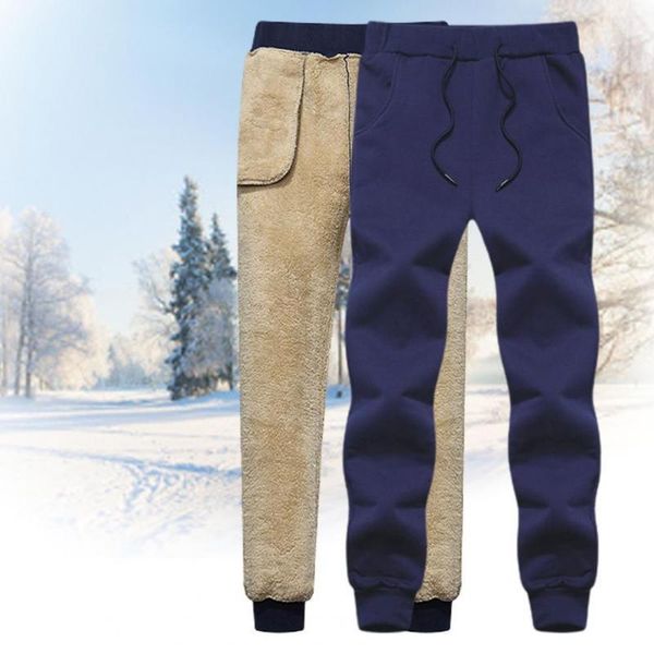 

men autumn winter outdoor cotton plush thicken solid color casual sweatpants1, Black