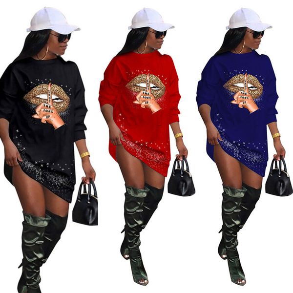 

womens fashion long sleeve dress gliter big mouth print oversize hoodie pullover dresses casual party straight skirt s-2xl g20301, White