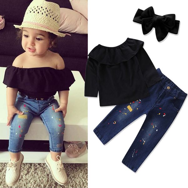 

baby girls clothes sets spring girl ruffles long sleeve shirts + denim pants two pieces sets casual kids children's clothing suit a215, White