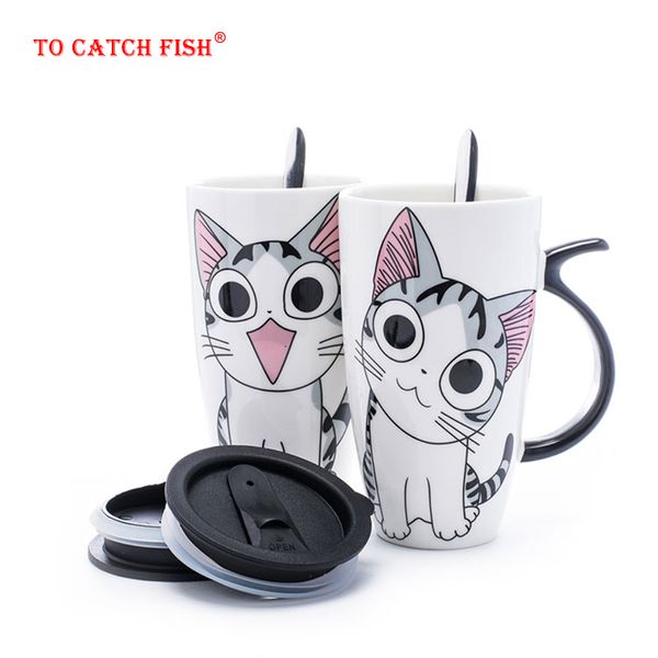 Gota Shipping 600ml Creative Cat Caneca de cerâmica com tampa e colher desenhos animados leite café chá xícara de chá porcelana canecas Presentes agradáveis ​​LJ200821