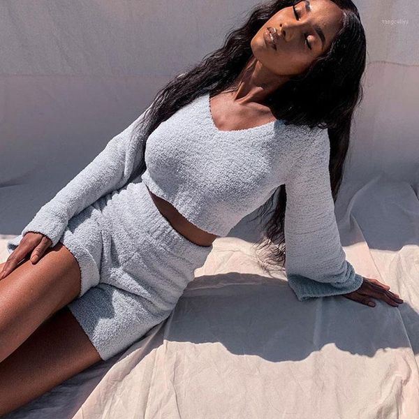 

townlike gray knitting hollow casual two piece set and short autumn women set sweater 2 piece women outfits 20201