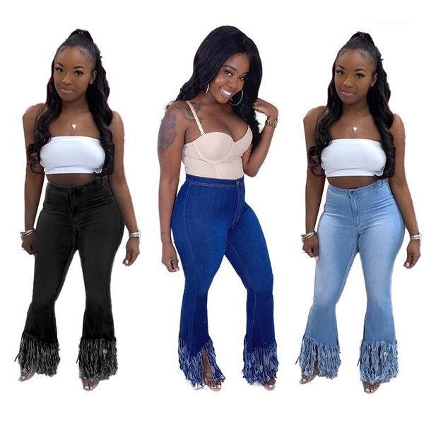 

women's jeans echoine tassel long pants flare skinny fashion high waist summer for women vestidos plus size1, Blue