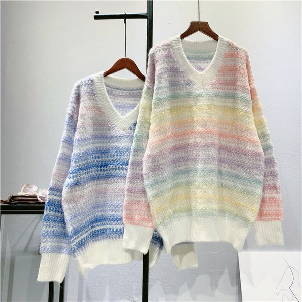 

2021 new autumn v-neck gradient color long sleeve loose style sweater winter women pullovers pull femme n395, White