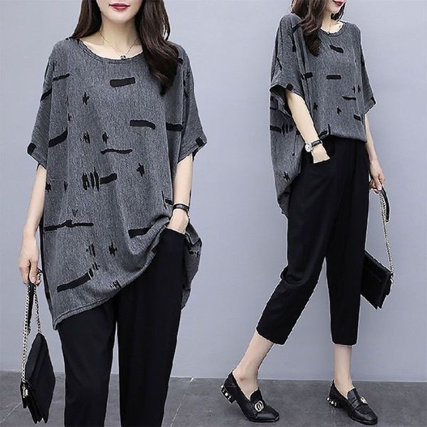 

zx7g4 200kg large size pants clothing korean style summer fat  western style short sleeve capri suit loose fashion aging two-piece women&#0, Gray