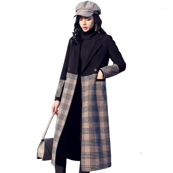 

2020 new women's autumn and winter large size long woolen coat female lattice stitching contrast color over the knee coat1, Black