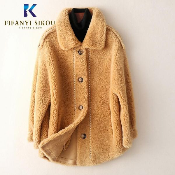 

wool fur coat women fluffy real sheep shearing coats plush particles natural fur jacket overcoat female winter coat1, Black