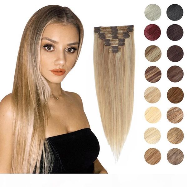 

clip in human hair extensions clip ins straight hair full head 8pc blonde highlight 14 18 22 inch machine made remy, Black;brown