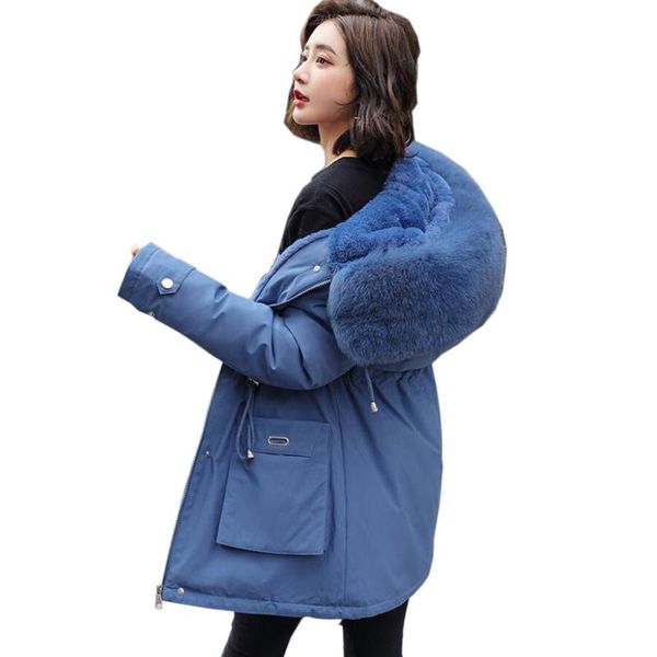 

ladies velvet liner thicken hooded parka women slim with big fur collar outerwear autumn winter jacket women coat parkas female, Black