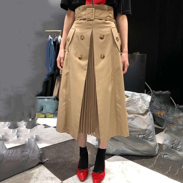 

seebeautiful pleated stitching a-line half-body skirt high waist button belt loose casual new fashion 2020 autumn women m101, Black