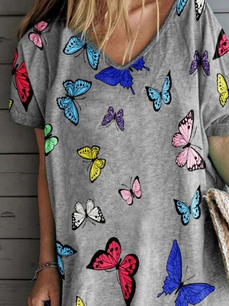 

q669 new women's butterfly print loose v-neck drs, Black;gray